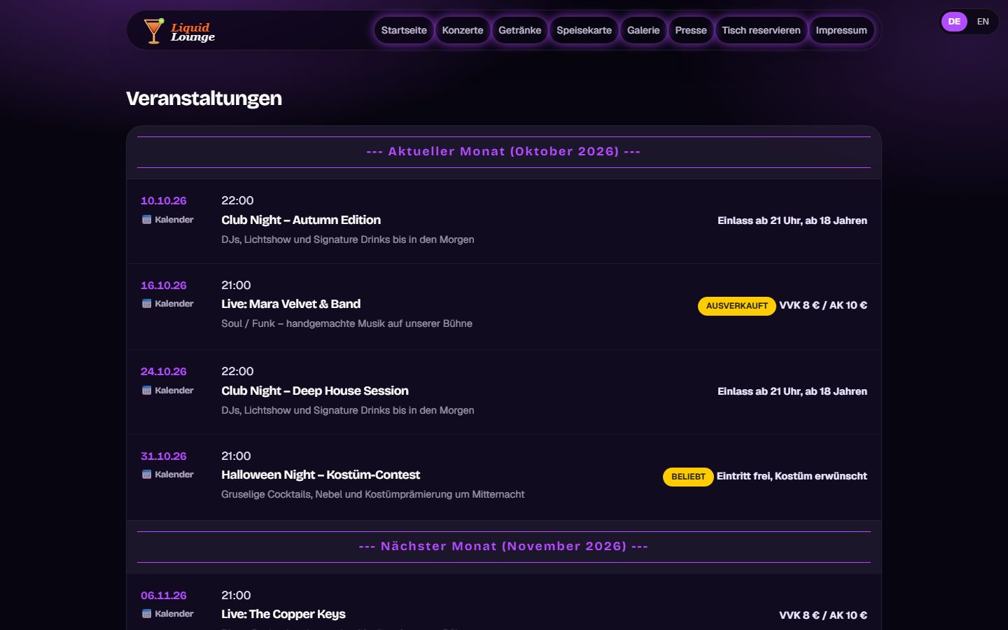 Veranstaltungskalender der Demo-Website