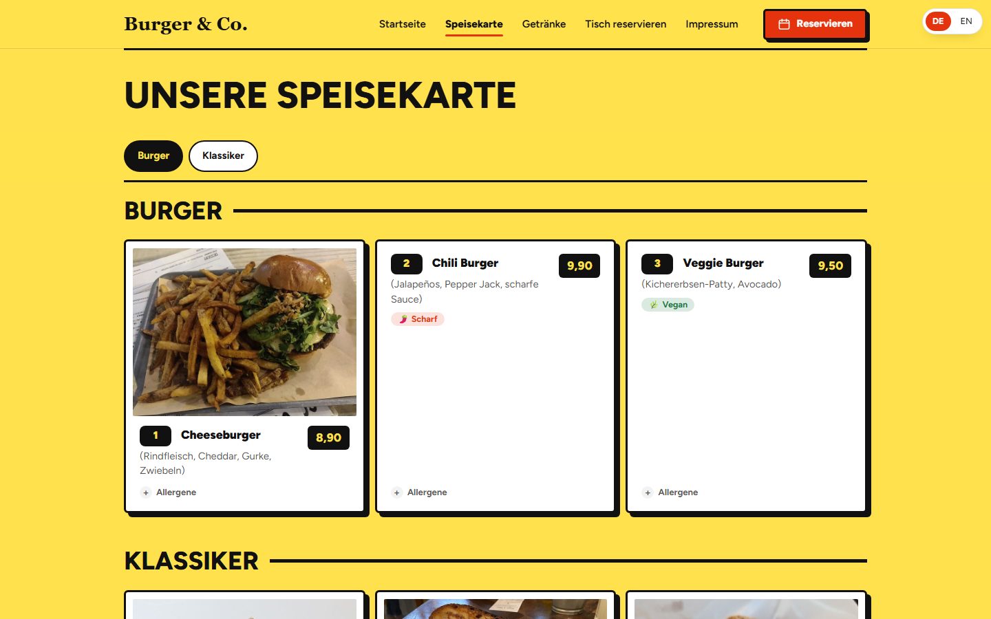 Speisekarte der Demo-Website