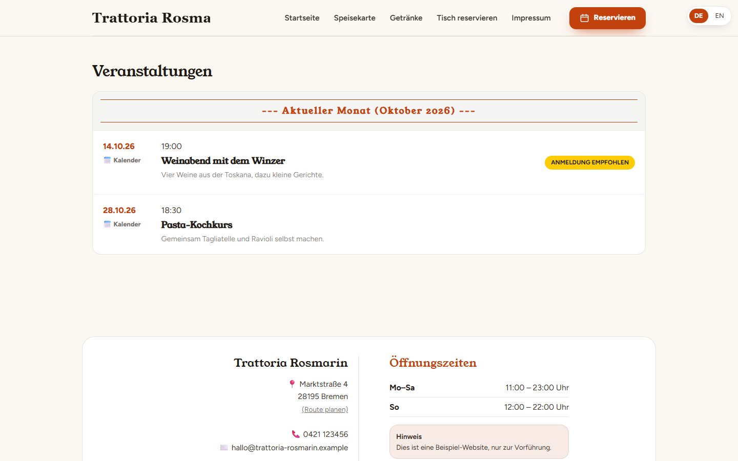 Veranstaltungskalender der Demo-Website