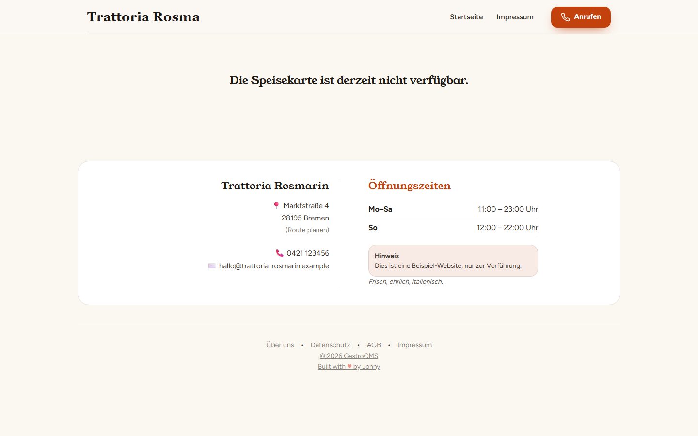 Speisekarte der Demo-Website
