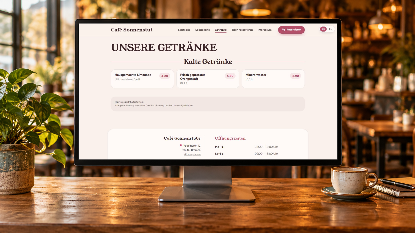 Echte GastroCMS Getränkekarte auf einem Desktopmonitor im Café