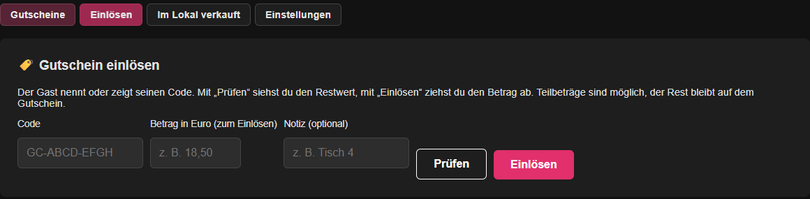 Echte Ansicht zum Einlösen eines Gutscheins mit Code, Betrag und Notiz