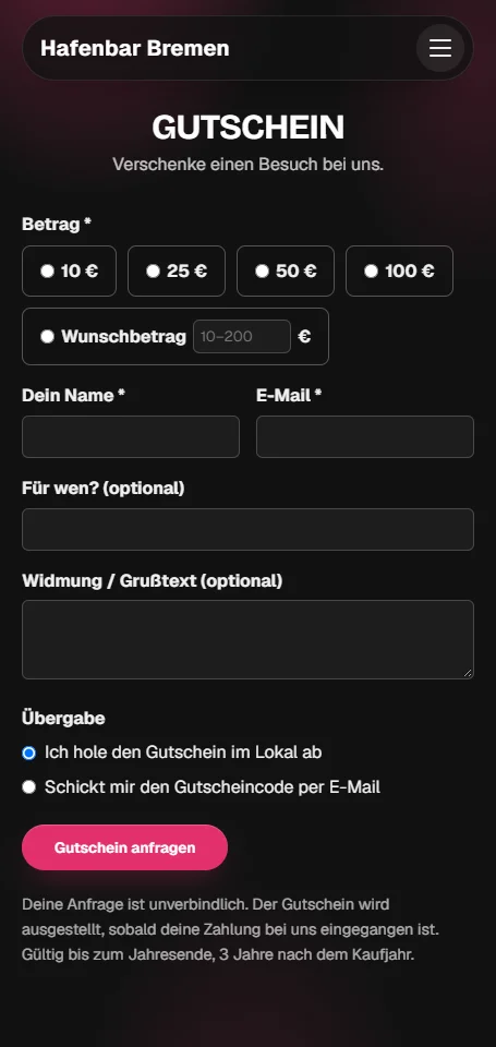 Echtes Gutschein-Formular einer GastroCMS-Webseite auf einem Smartphone