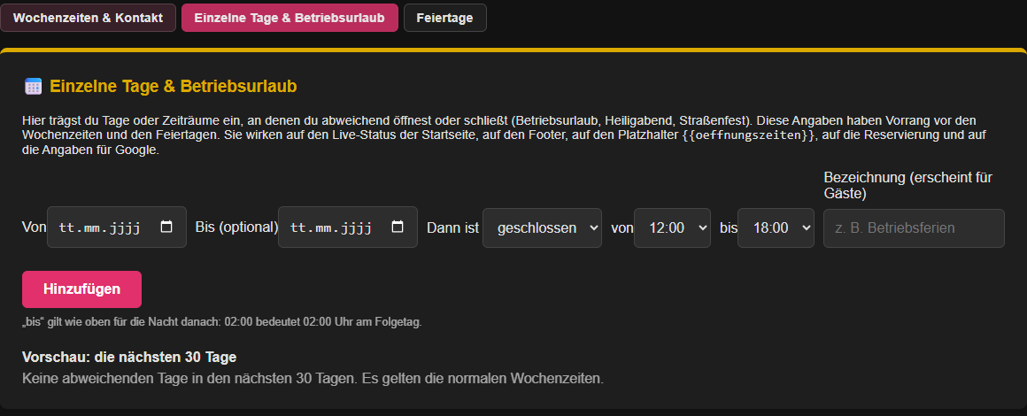 Echte Ansicht für einzelne Tage und Betriebsurlaub mit Von-Bis-Datum, Zeiten und Bezeichnung
