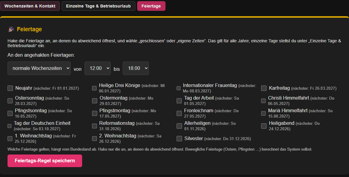 Echte Feiertags-Auswahl im GastroCMS-Verwaltungsbereich auf einem Desktopmonitor