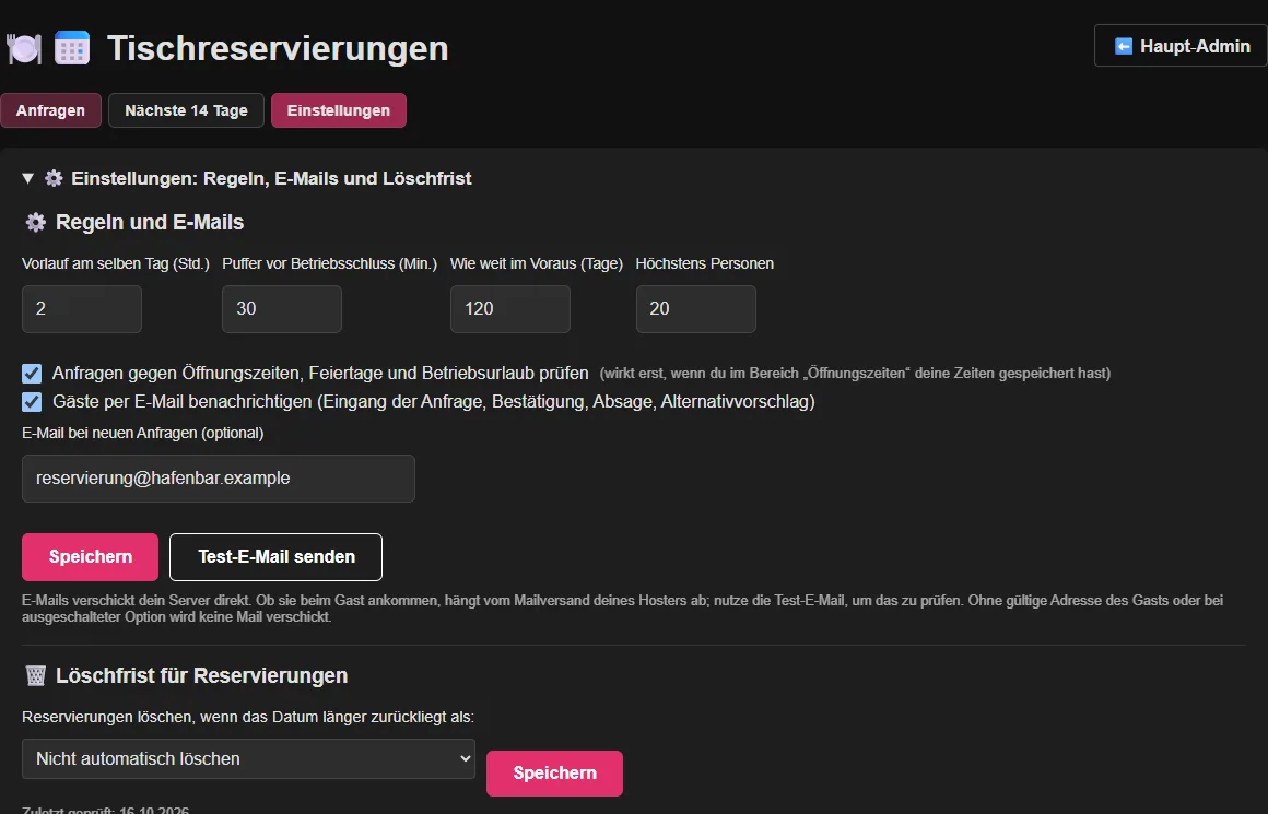 Echte Reservierungs-Einstellungen im GastroCMS-Verwaltungsbereich mit Regeln, E-Mails und Löschfrist