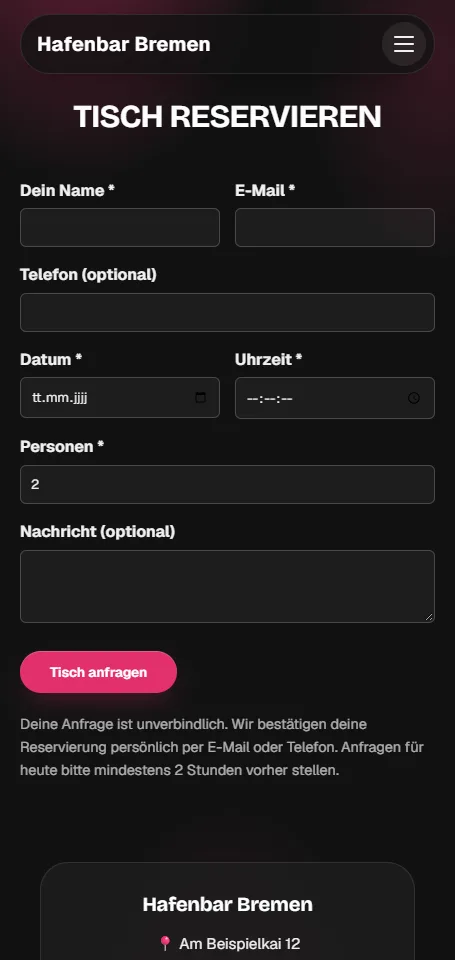 Echtes Reservierungsformular einer GastroCMS-Webseite auf einem Smartphone