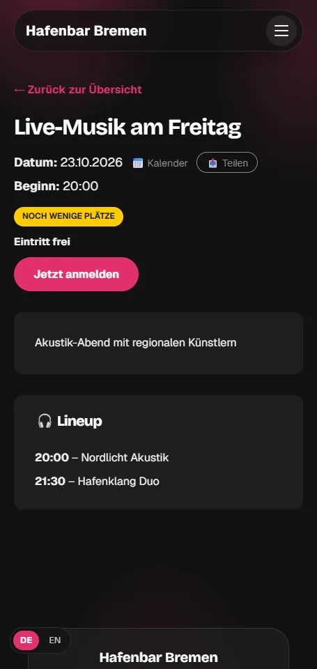 Echte Veranstaltungsseite einer GastroCMS-Website auf dem Smartphone mit Datum, Beginn, Abzeichen, Anmelde-Schaltfläche und Line-up (Beispieldaten)