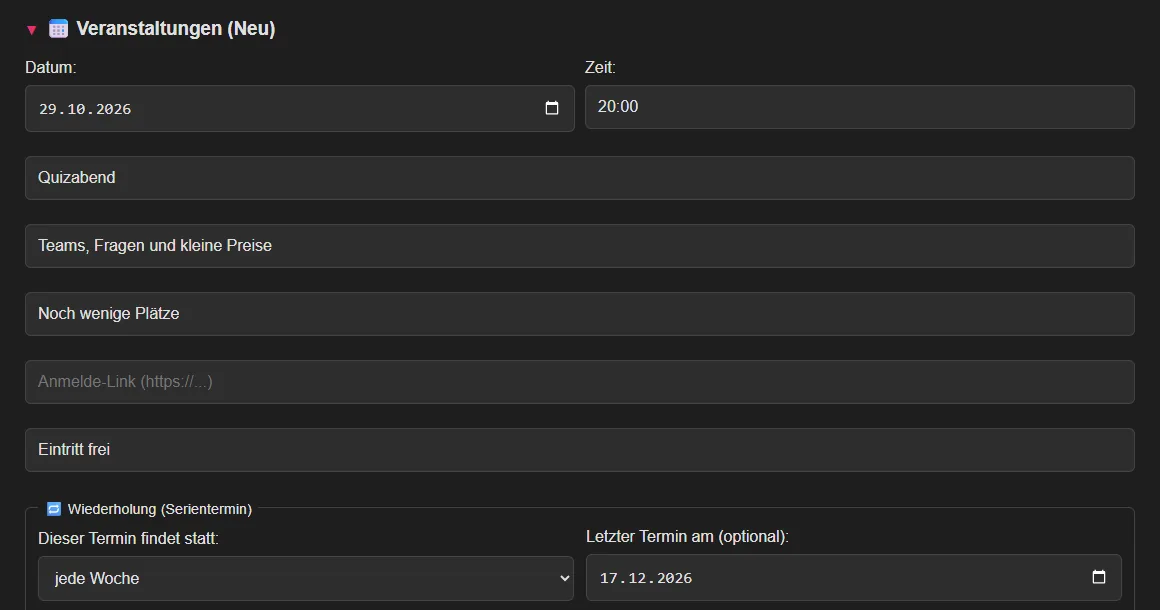 Echtes Formular zum Anlegen einer Veranstaltung im GastroCMS-Verwaltungsbereich mit Datum, Zeit, Name, Hinweis-Abzeichen und Wiederholung (Beispieldaten) auf einem Desktopmonitor