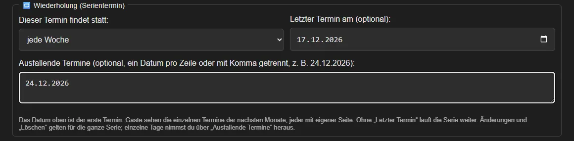Echter Abschnitt Wiederholung im GastroCMS-Verwaltungsbereich mit jede Woche, letztem Termin und einem ausfallenden Tag (Beispieldaten)