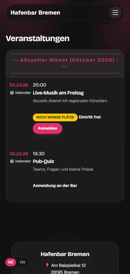 Echte Veranstaltungsübersicht einer GastroCMS-Website auf einem Smartphone mit zwei Terminen (Beispieldaten)